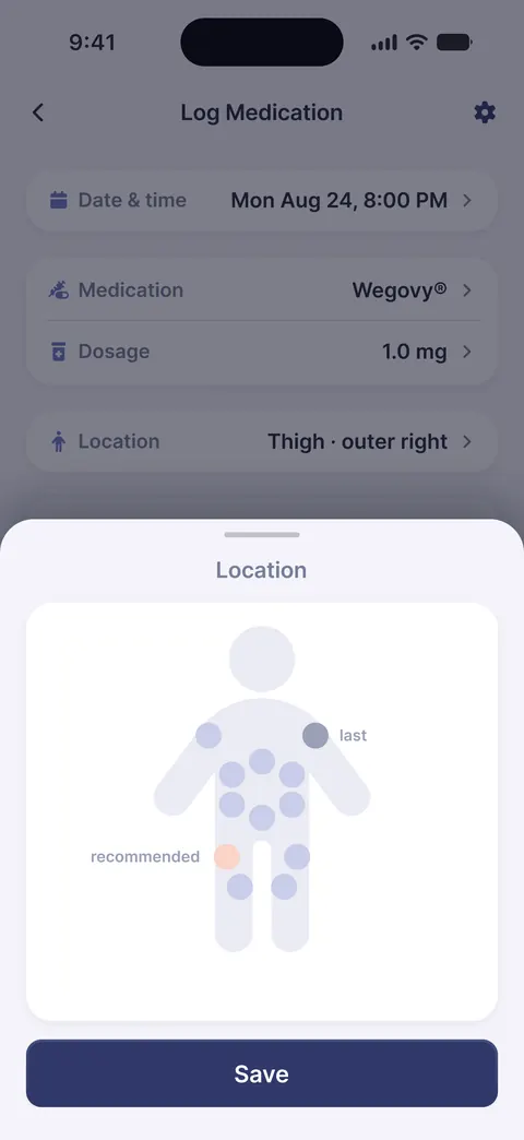 The Tinsy injection-site sheet: a body map with the spot used last marked, the recommended next one highlighted, and recent spots greyed out