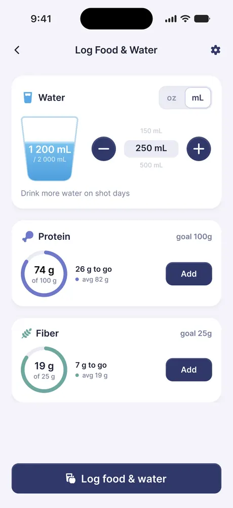 The Tinsy food and water screen: a water card with a millilitre stepper, and protein and fibre rings against their daily goals: counters, with no meal diary anywhere
