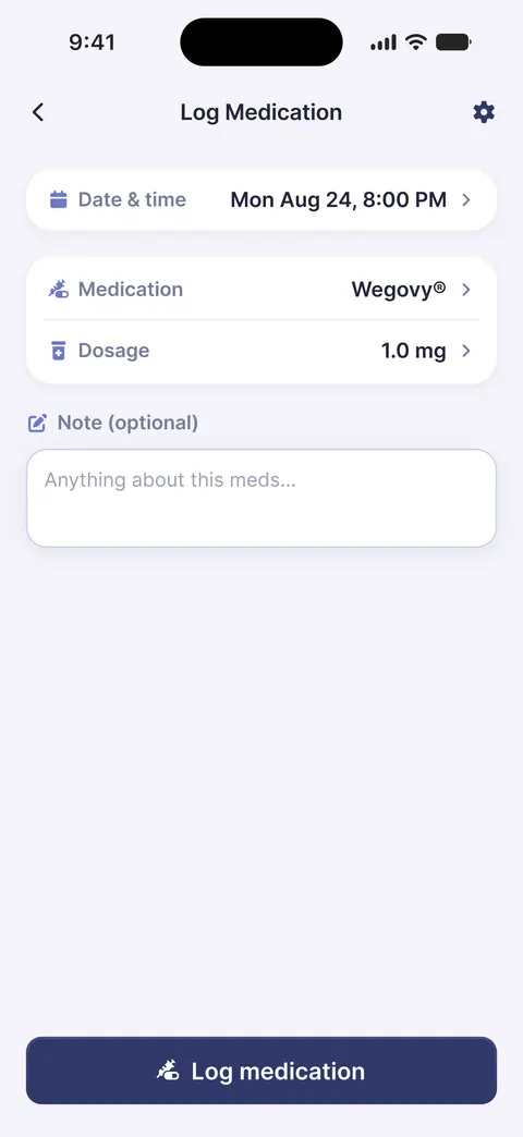 The Tinsy Log Medication sheet for a tablet: date and time, medication, dosage and an optional note, with no injection-site step