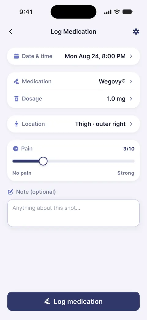 The Tinsy Log Medication sheet with Wegovy® selected: date and time, medication, dosage, injection site, a pain slider and an optional note, over one Log medication button