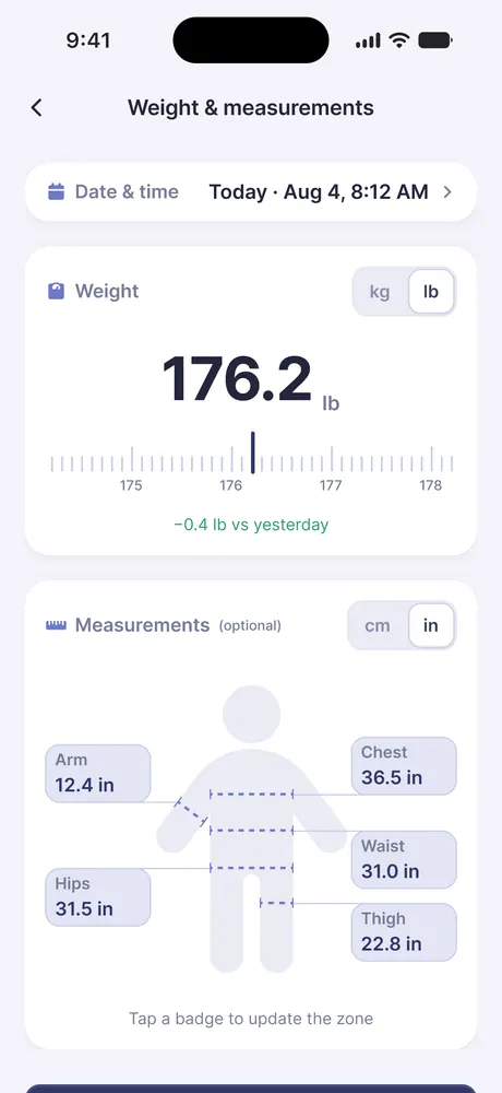 The Tinsy Plus weight and measurements screen: today's weight on a scroll dial, and arm, chest, waist, hips and thigh marked on a body diagram